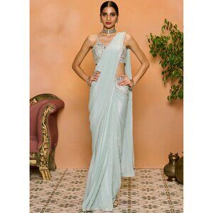 Dusty Mint Embroidered Georgette Saree - Lashkaraa